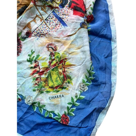 Mexico Souvenir Vintage Scarf Folk Art Illustrations Floral Details - Picture 8 of 10